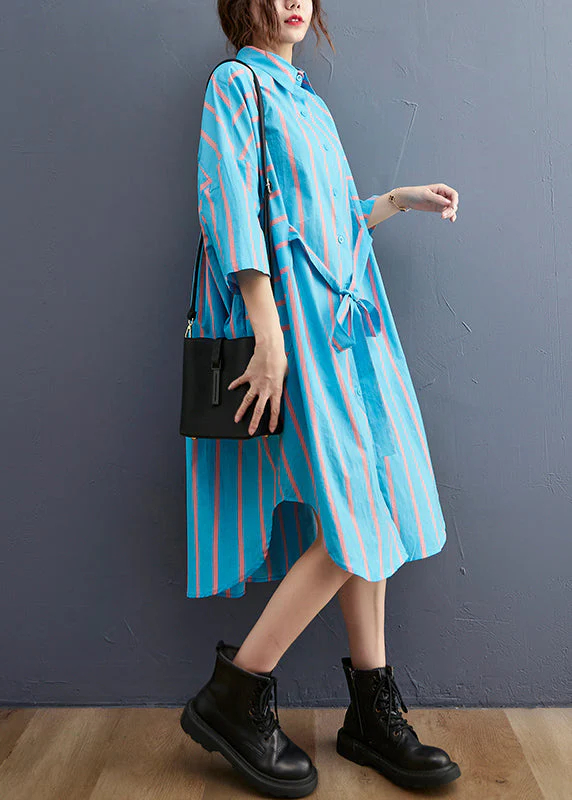 Fashion Blue Striped Peter Pan Collar Button tie waist Shirt Dress Half Sleeve - Image 4