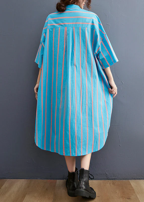 Fashion Blue Striped Peter Pan Collar Button tie waist Shirt Dress Half Sleeve - Image 5