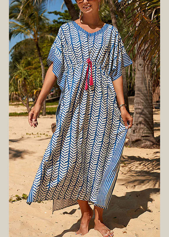 Fashion Blue Striped Print Drawstring Long Holiday Dress Summer - Image 2