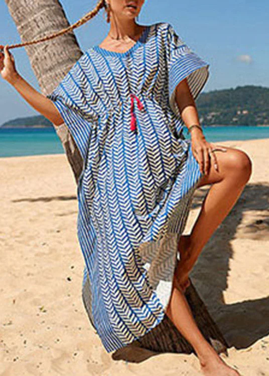 Fashion Blue Striped Print Drawstring Long Holiday Dress Summer - Image 3