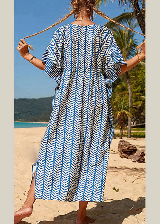 Fashion Blue Striped Print Drawstring Long Holiday Dress Summer - Image 4