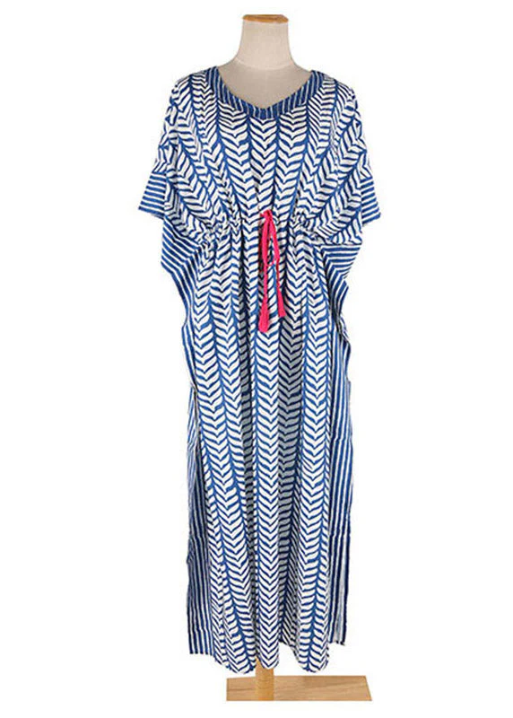 Fashion Blue Striped Print Drawstring Long Holiday Dress Summer - Image 5