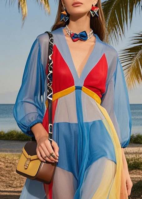 Fashion Blue V Neck Patchwork Tulle Maxi Dresses Summer - Image 2