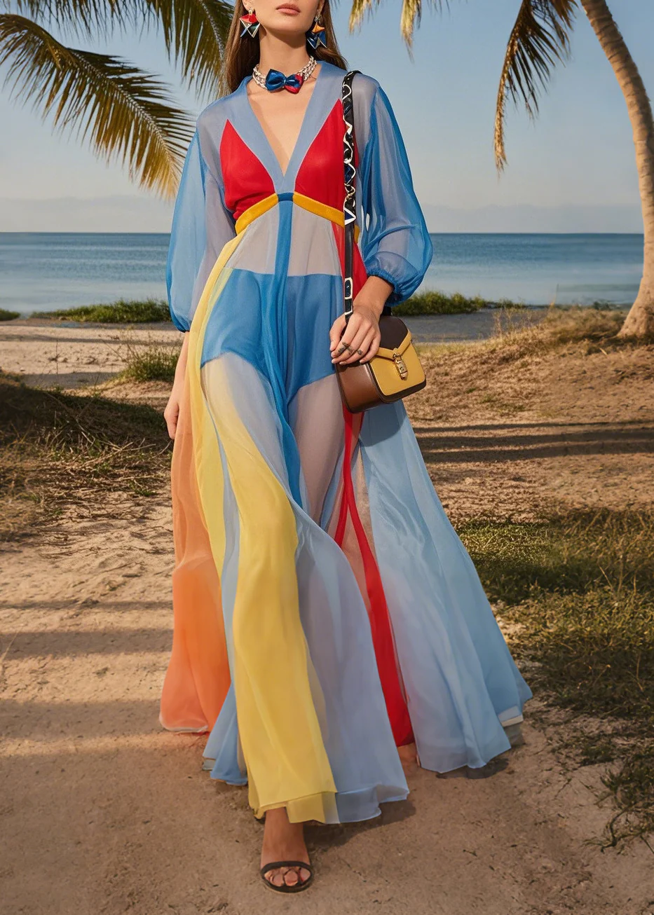 Fashion Blue V Neck Patchwork Tulle Maxi Dresses Summer - Image 3