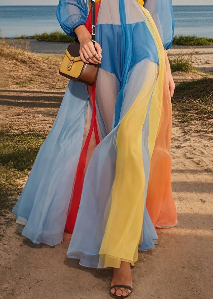 Fashion Blue V Neck Patchwork Tulle Maxi Dresses Summer - Image 4
