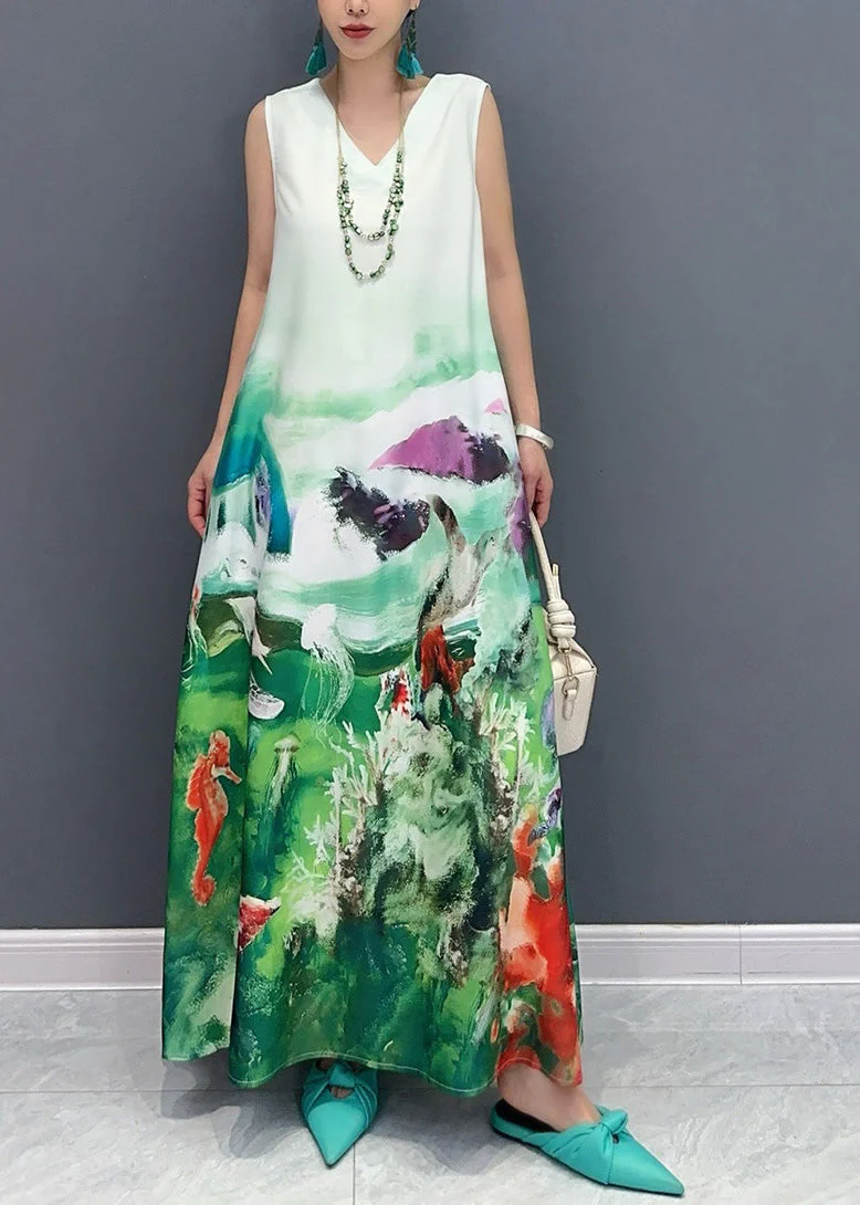 Fashion Blue V Neck Print Long Dress Sleeveless - Image 2