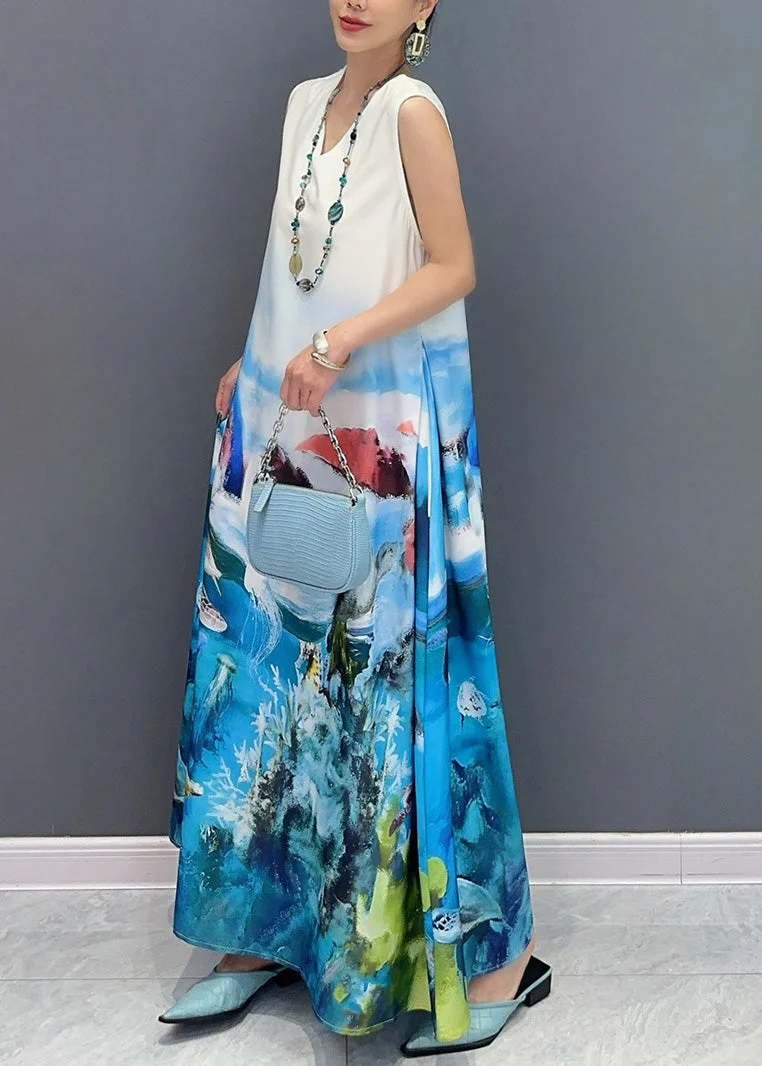 Fashion Blue V Neck Print Long Dress Sleeveless - Image 3