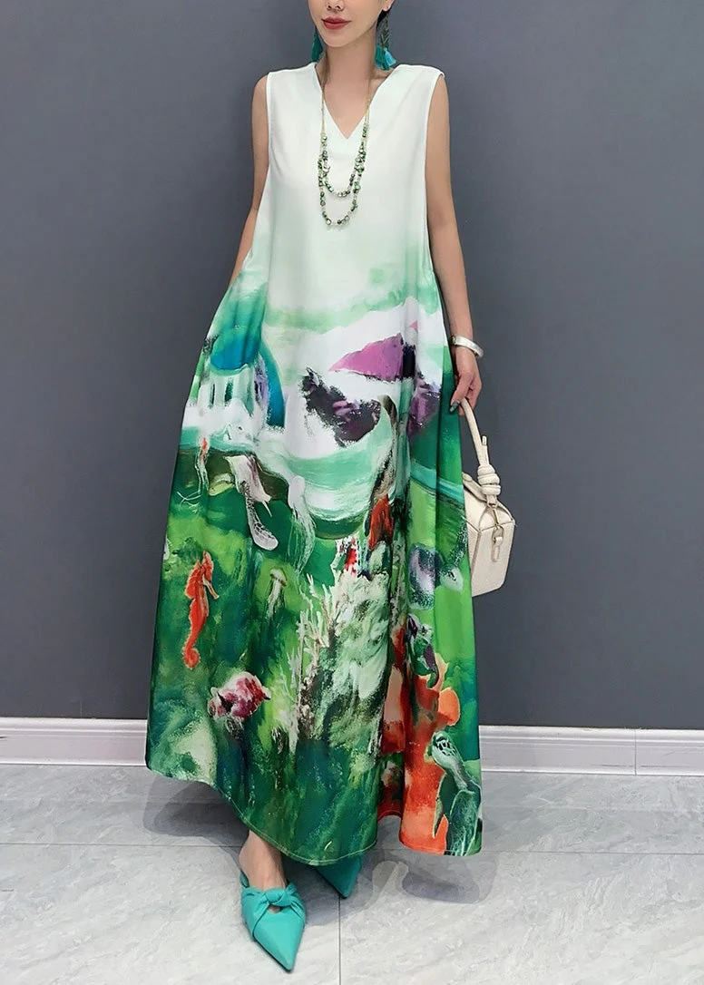 Fashion Blue V Neck Print Long Dress Sleeveless - Image 4