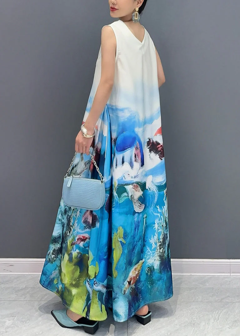 Fashion Blue V Neck Print Long Dress Sleeveless - Image 5