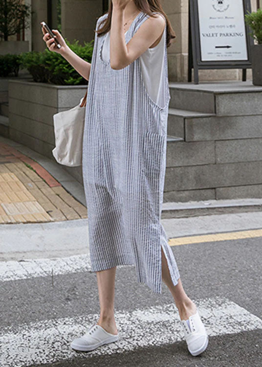 Fashion Blue V Neck Side Open Striped Cotton Beach Dress Summer - Image 2