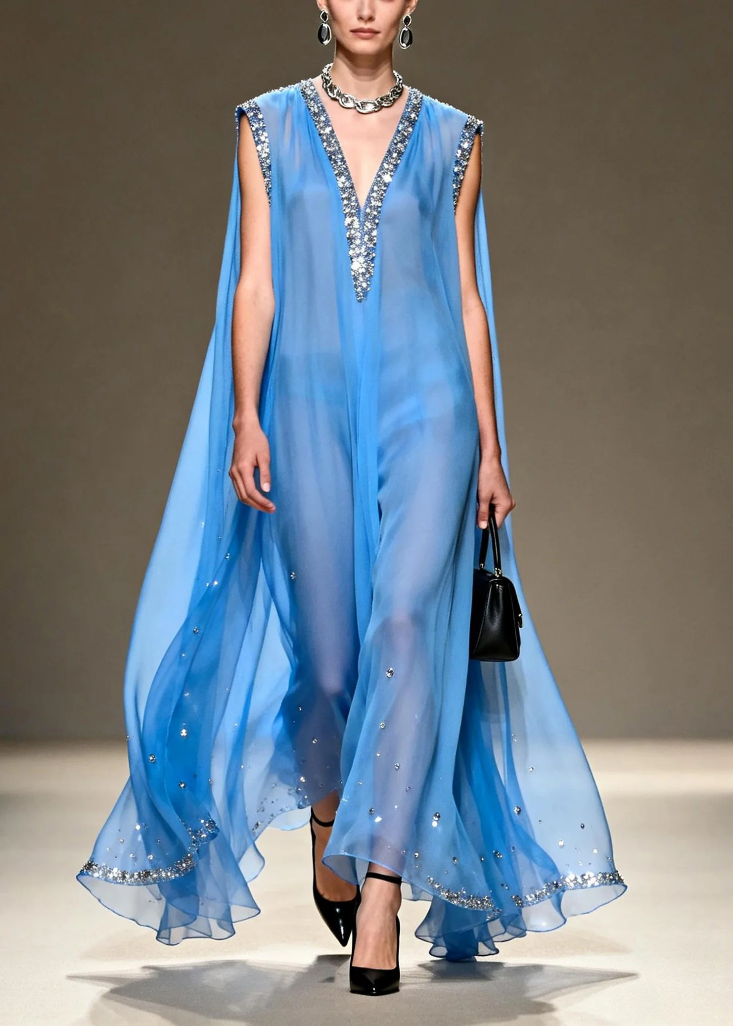 Fashion Blue V Neck Zircon Chiffon Long Dress Sleeveless - Image 3