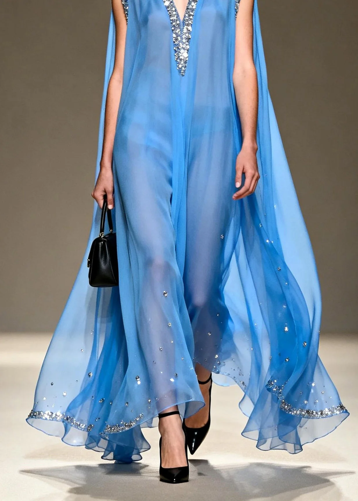 Fashion Blue V Neck Zircon Chiffon Long Dress Sleeveless - Image 4