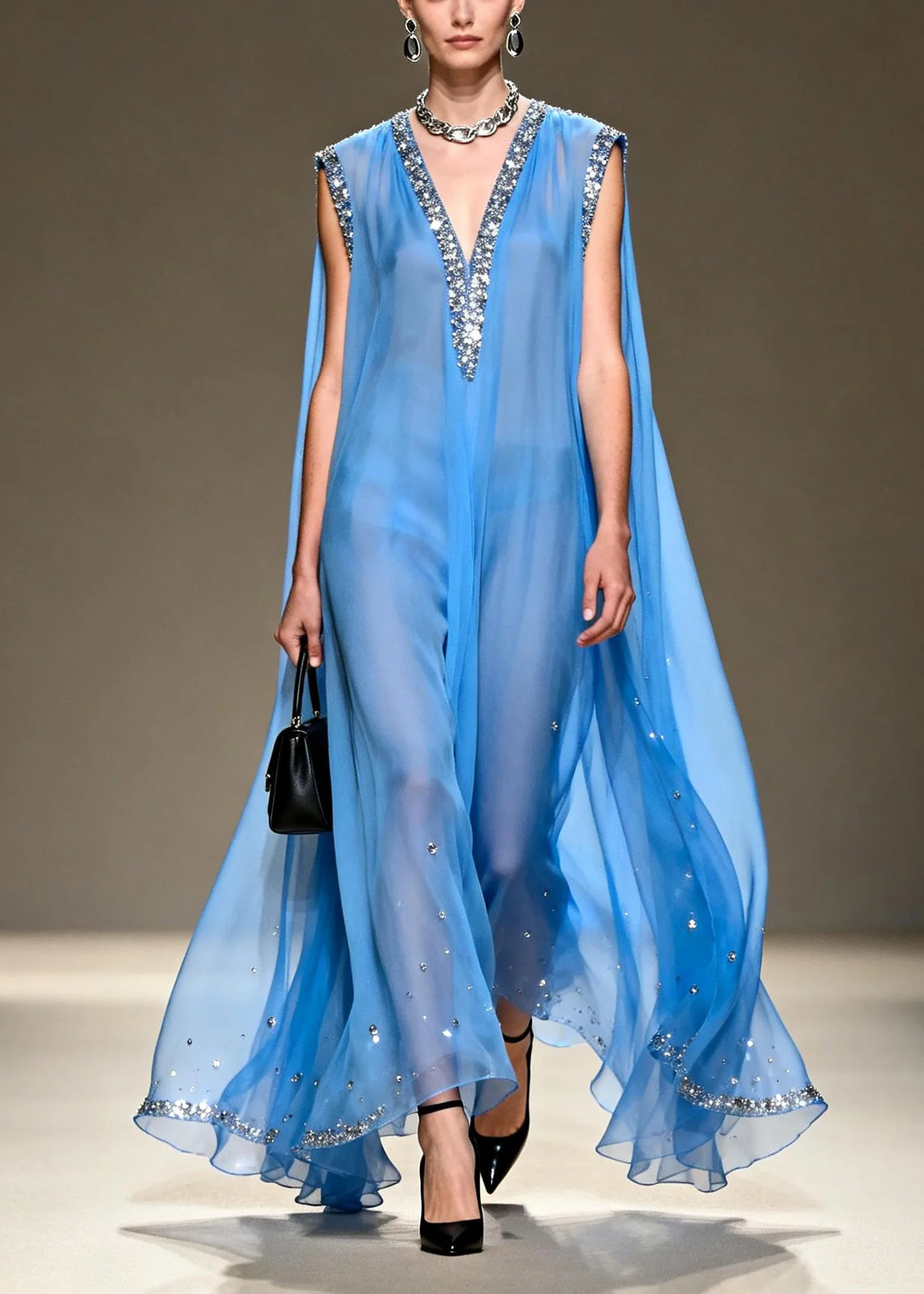 Fashion Blue V Neck Zircon Chiffon Long Dress Sleeveless - Image 5