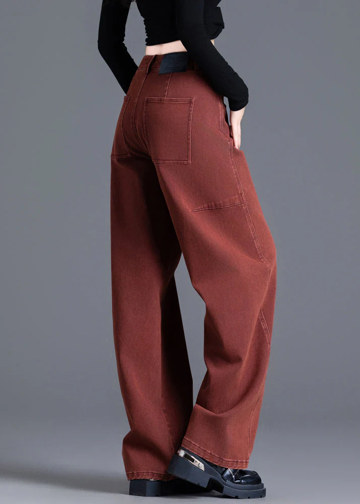 Fashion Brick Red Oversized Patchwork Denim Pants Spring - Image 4