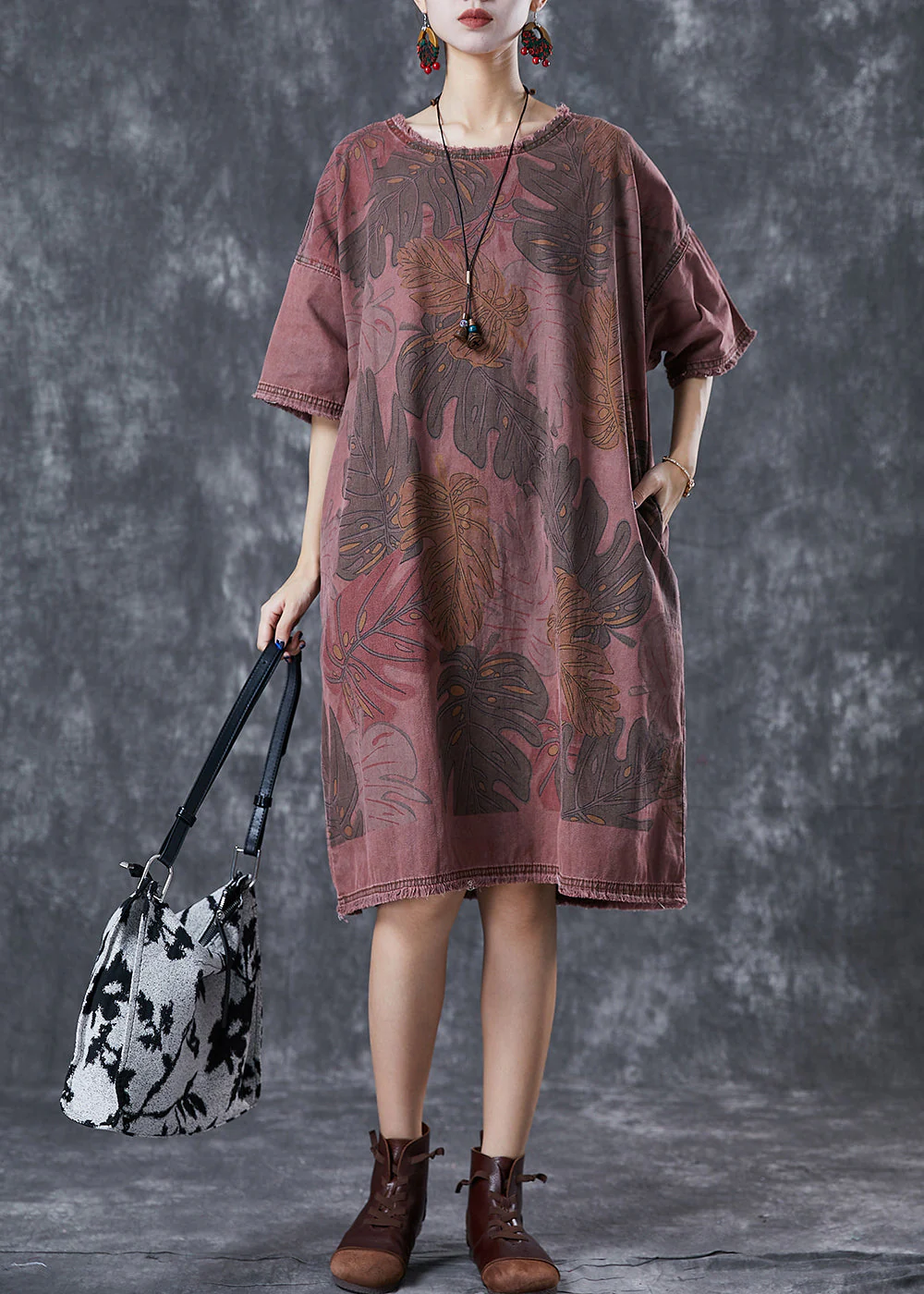 Fashion Brick Red Oversized Print Denim Dresses Winter - Image 2
