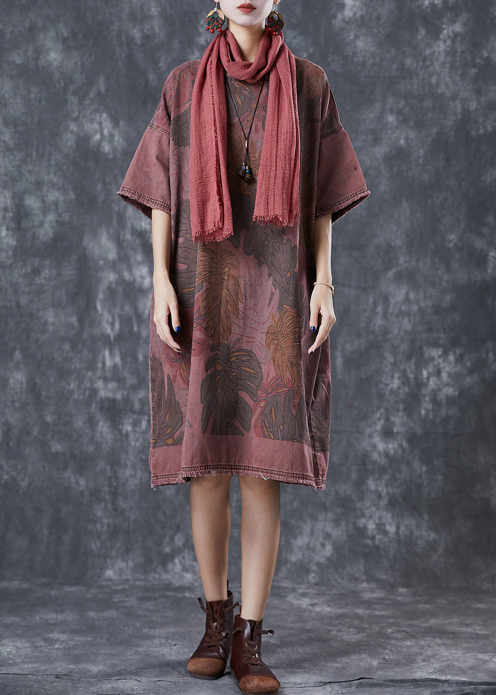 Fashion Brick Red Oversized Print Denim Dresses Winter - Image 3