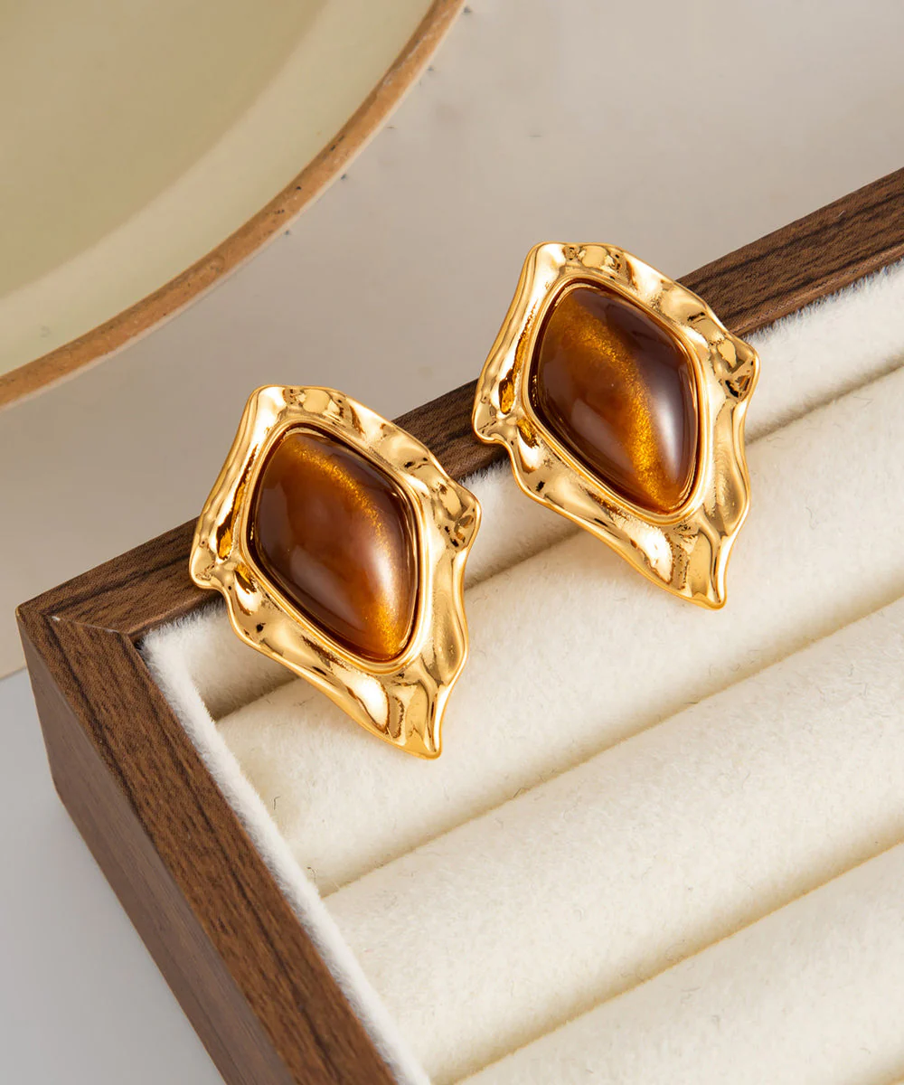 Fashion Brown Copper Asymmetrical Wrinkled Gem Stone Stud Earrings - Image 3