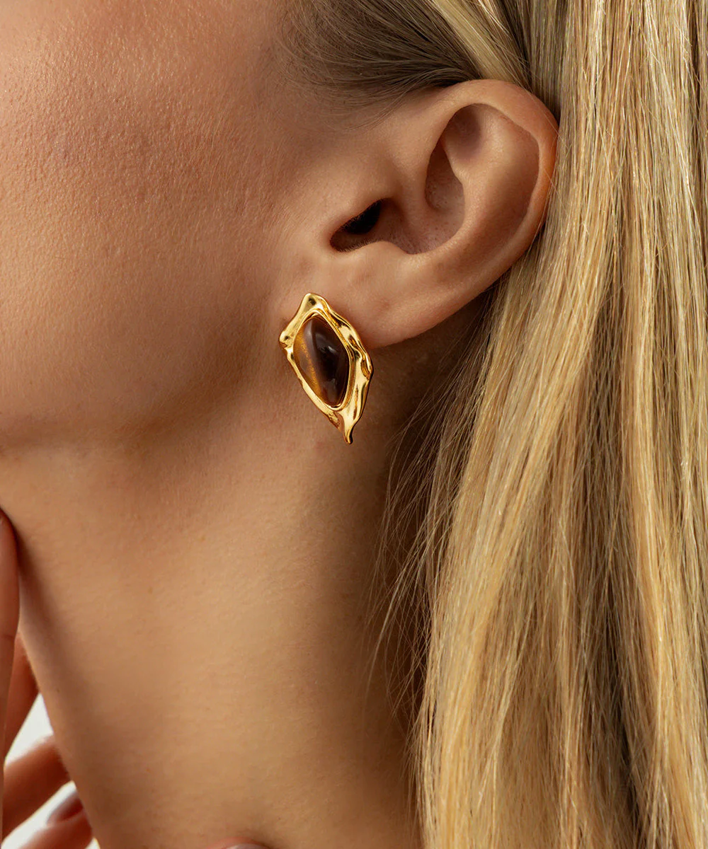 Fashion Brown Copper Asymmetrical Wrinkled Gem Stone Stud Earrings - Image 4