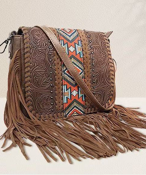 Fashion Brown Embossing Tasseled Faux Leather Messenger Bag - Image 2