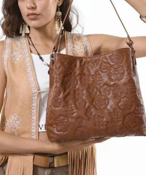 Fashion Brown Embroidered Inner Pocket Faux Leather Women Handbag - Image 2