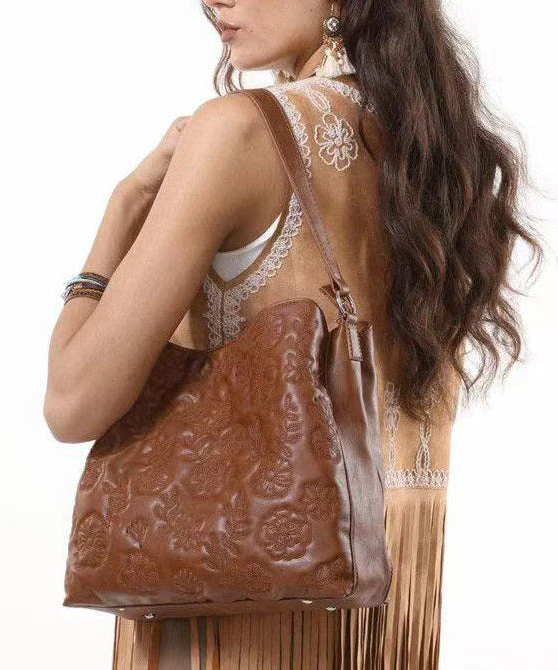 Fashion Brown Embroidered Inner Pocket Faux Leather Women Handbag - Image 3