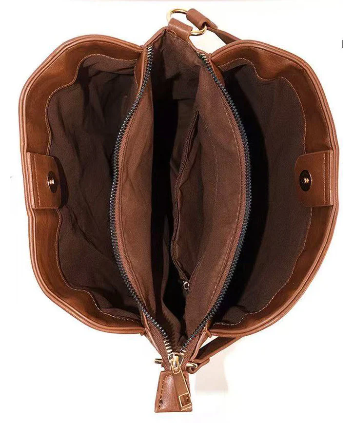 Fashion Brown Embroidered Inner Pocket Faux Leather Women Handbag - Image 4