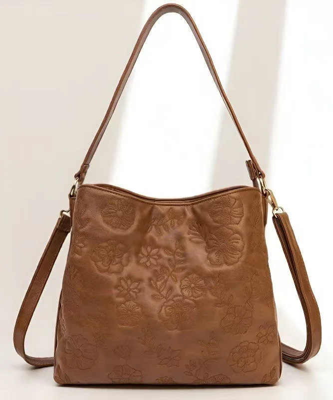 Fashion Brown Embroidered Inner Pocket Faux Leather Women Handbag - Image 5