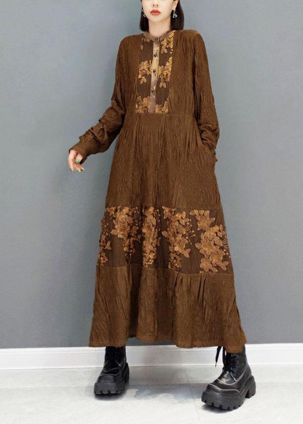 Fashion Brown O-Neck Button Embroideried Ankle Dress Fall Long Sleeve