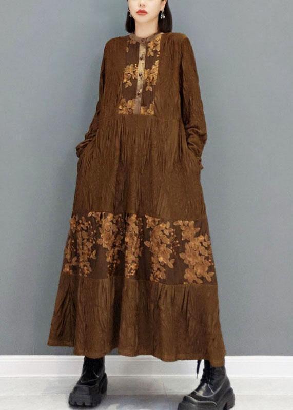 Fashion Brown O-Neck Button Embroideried Ankle Dress Fall Long Sleeve - Image 2