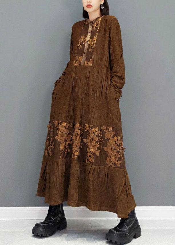 Fashion Brown O-Neck Button Embroideried Ankle Dress Fall Long Sleeve - Image 3