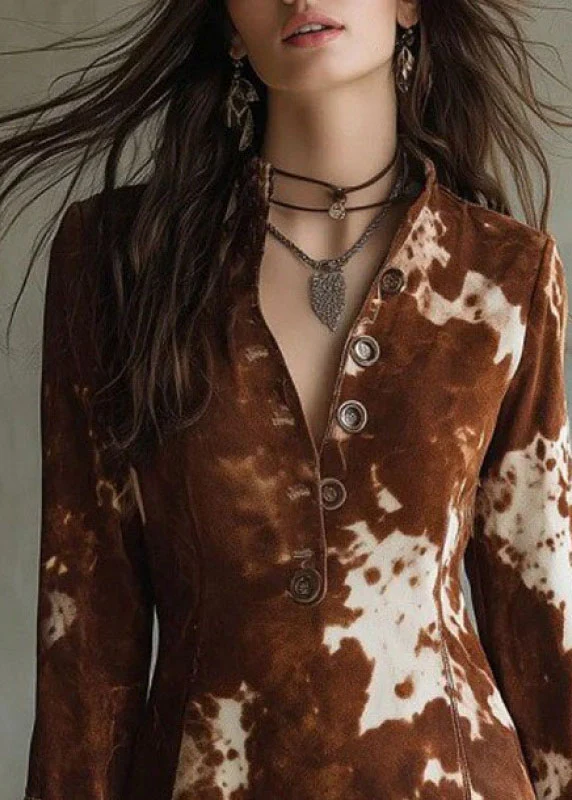 Fashion Brown Print Button Cotton Mid Dresses Fall - Image 2