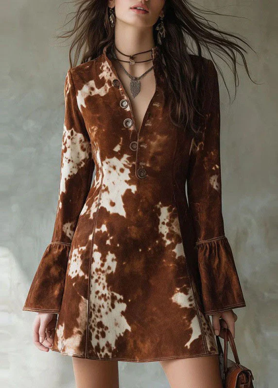 Fashion Brown Print Button Cotton Mid Dresses Fall - Image 3