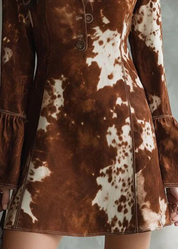 Fashion Brown Print Button Cotton Mid Dresses Fall - Image 4