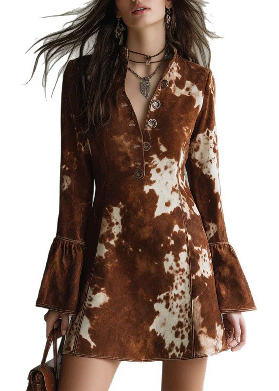 Fashion Brown Print Button Cotton Mid Dresses Fall - Image 5