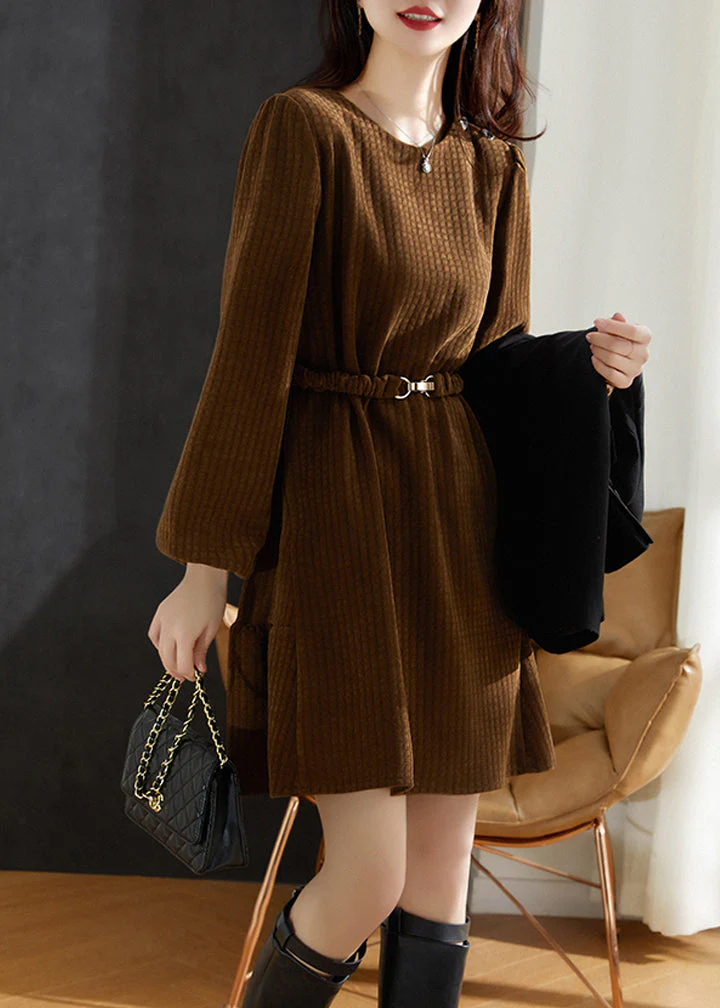 Fashion Brown Thick Cotton Tunic Dress Spring - Image 3