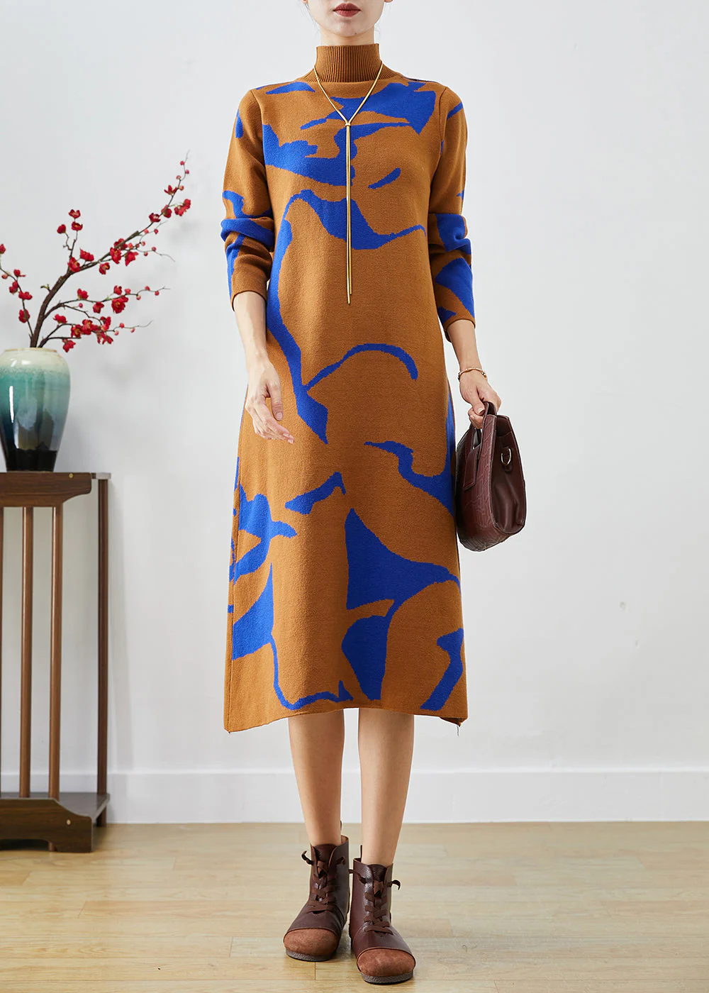 Fashion Camel High Neck Print Knit Dress Fall - Image 2