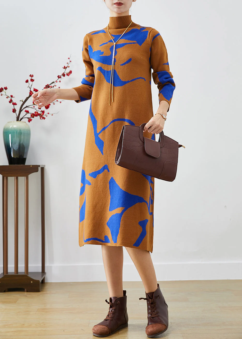 Fashion Camel High Neck Print Knit Dress Fall - Image 3