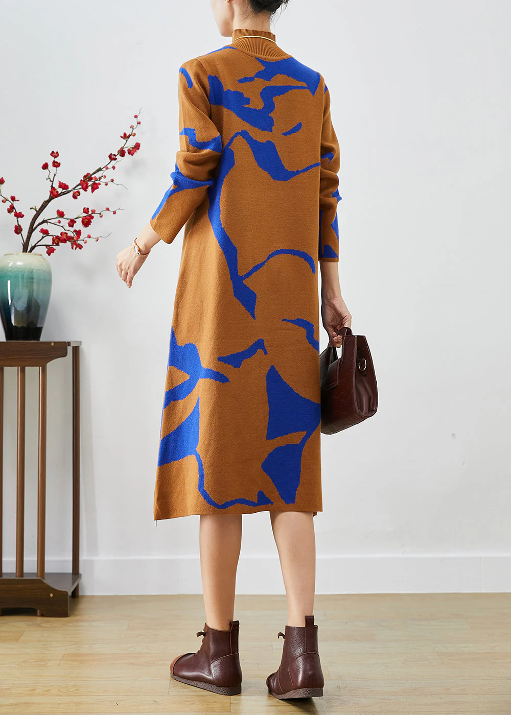 Fashion Camel High Neck Print Knit Dress Fall - Image 4
