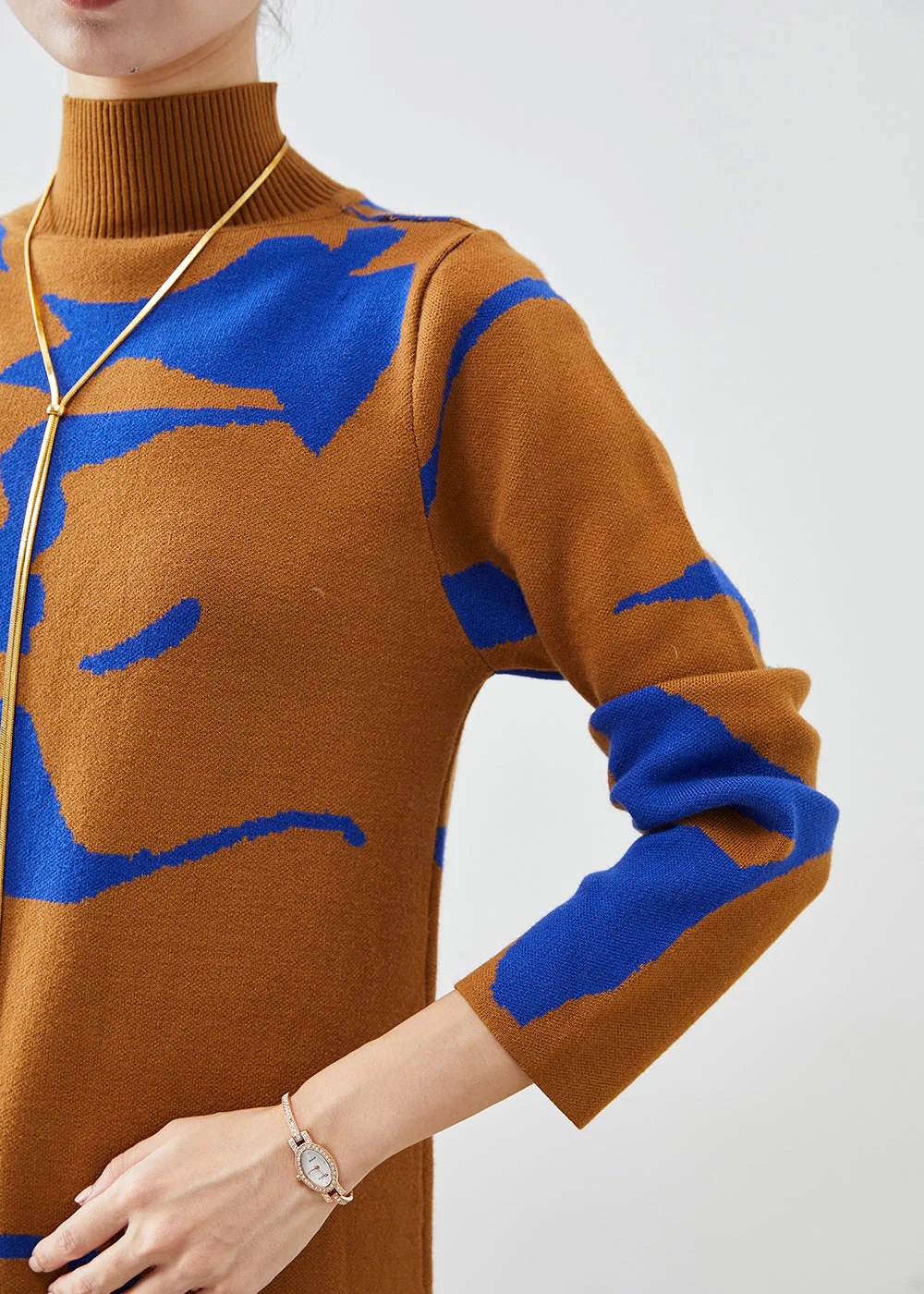 Fashion Camel High Neck Print Knit Dress Fall - Image 5