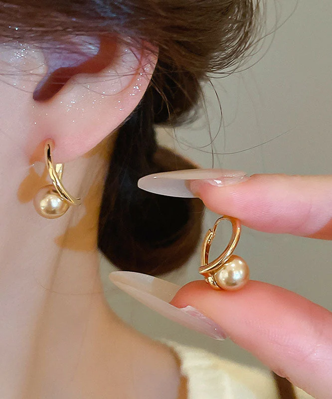 Fashion Champagne Copper Overgild Pearl Hoop Earrings - Image 3