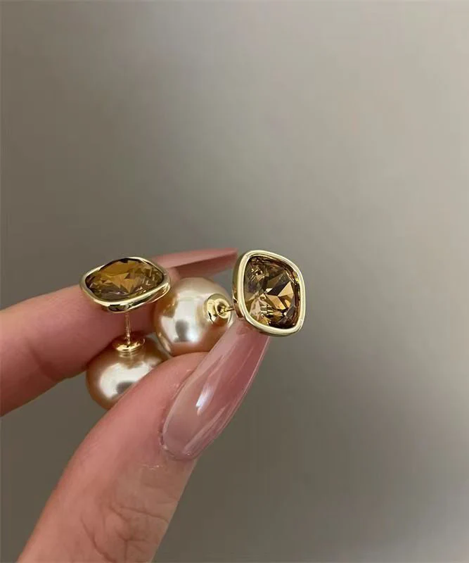 Fashion Champagne Copper Overgild Pearl Two Ways Of wearing It Stud Earrings - Image 5