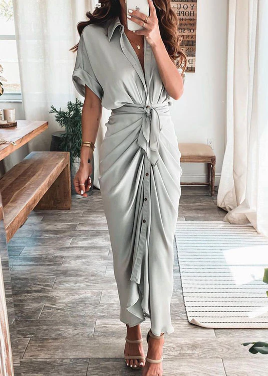 Fashion Champagne Lace Up Printed Wrinkled Dress Summer - Image 4