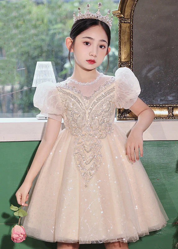 Fashion Champagne O-Neck Patchwork Sequins Tulle Kids Long Dresses Summer - Image 3