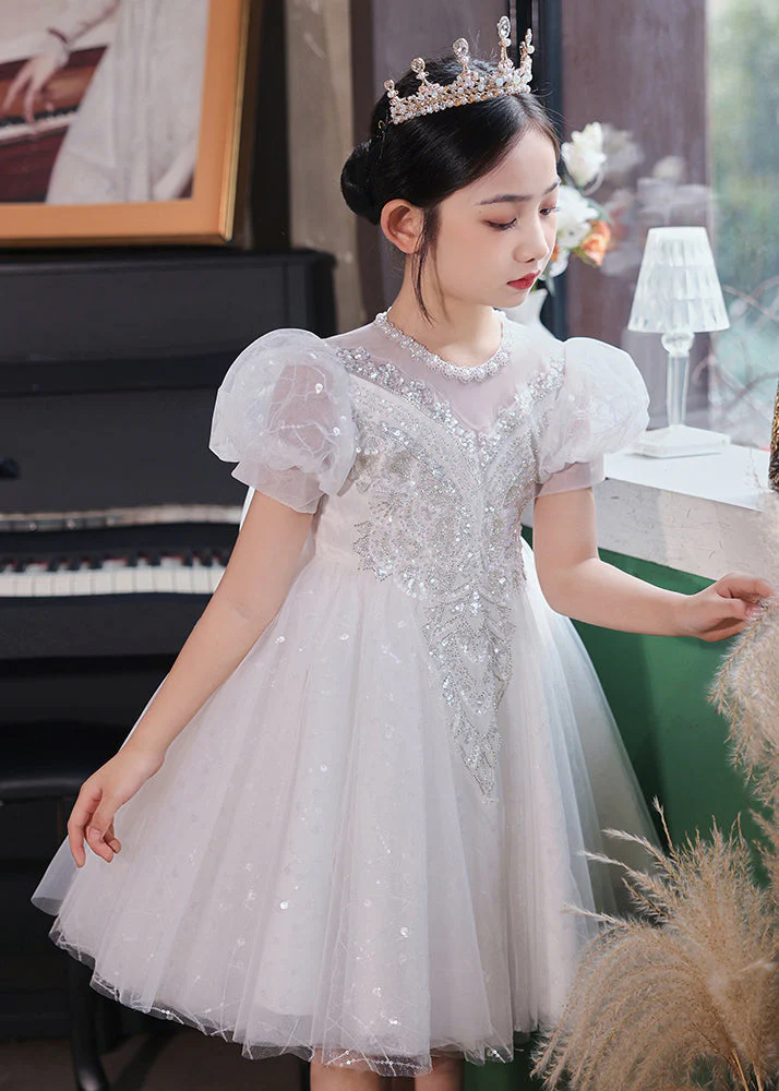 Fashion Champagne O-Neck Patchwork Sequins Tulle Kids Long Dresses Summer - Image 4