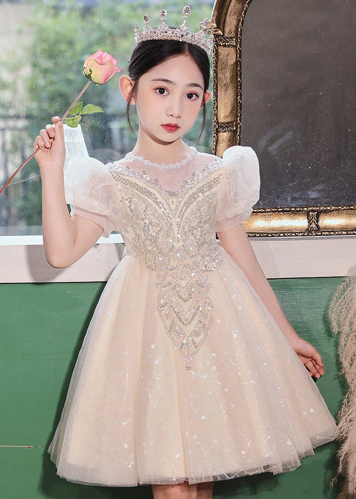 Fashion Champagne O-Neck Patchwork Sequins Tulle Kids Long Dresses Summer - Image 5