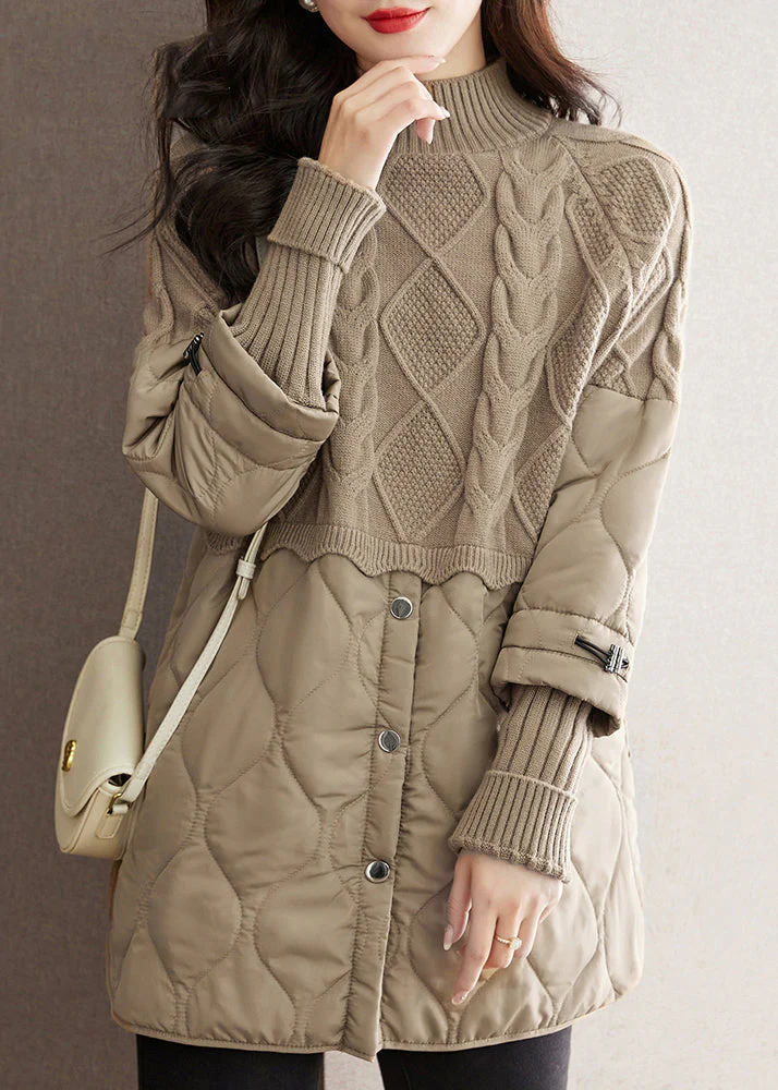 Fashion Chocolate Knit Patchwork Fine Cotton Filled Mid Dresses Spring - Image 2
