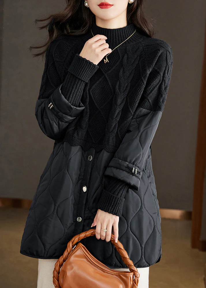 Fashion Chocolate Knit Patchwork Fine Cotton Filled Mid Dresses Spring - Image 3