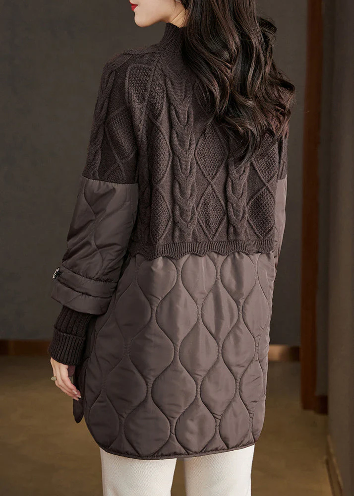 Fashion Chocolate Knit Patchwork Fine Cotton Filled Mid Dresses Spring - Image 4