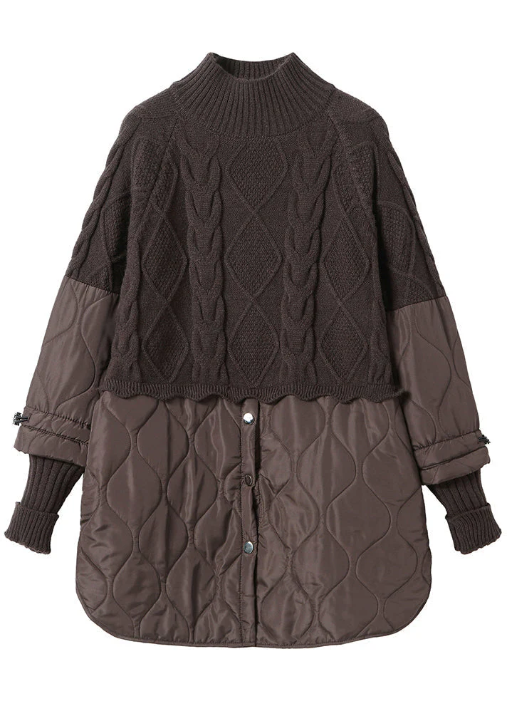 Fashion Chocolate Knit Patchwork Fine Cotton Filled Mid Dresses Spring - Image 5