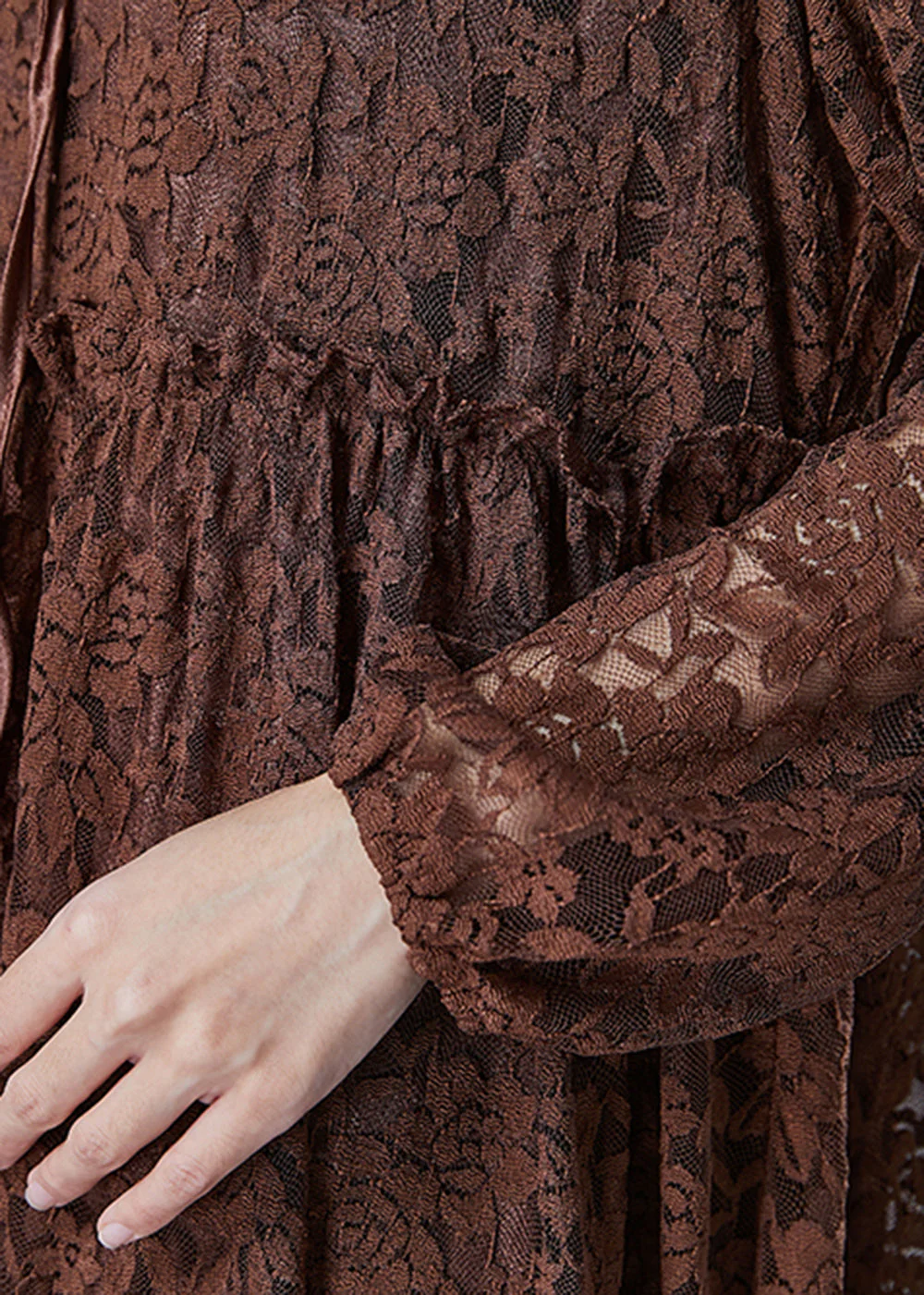 Fashion Chocolate Ruffled Hollow Out Lace Long Dresses Fall - Image 5